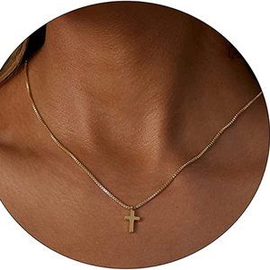 Women 14K Gold Plated Cubic Zirconia Cross Pendant Necklaces Small Gold Cross
